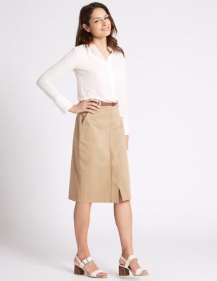 Cotton Rich Belted A-Line Midi Skirt